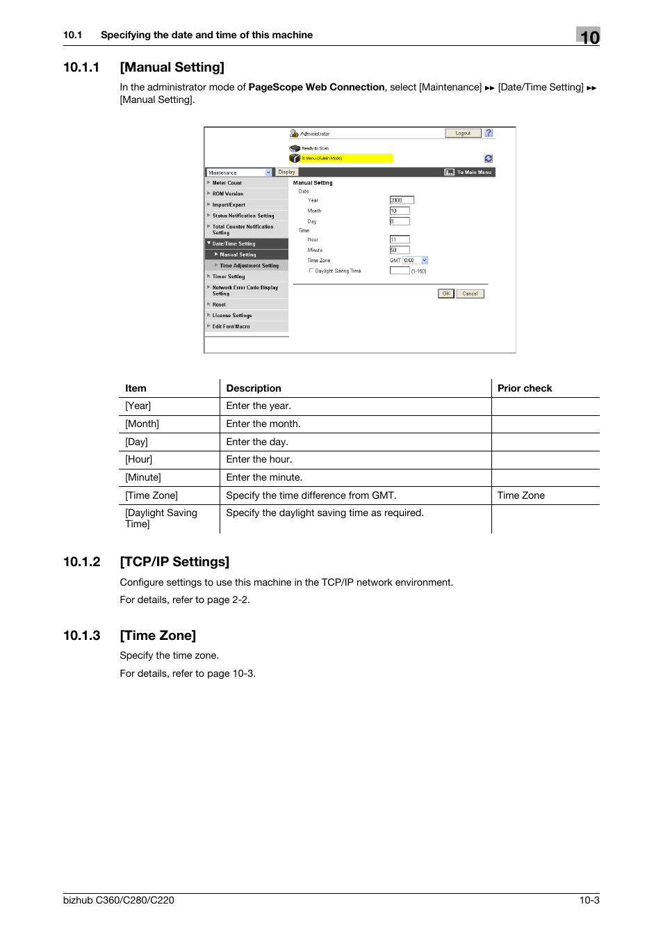 1 [manual setting, 2 [tcp/ip settings, 3 [time zone | Manual setting] -3, Tcp/ip settings] -3, Time zone] -3, Manual setting, Tcp/ip settings, Time zone | Konica Minolta BIZHUB C360 User Manual | Page 195 / 366