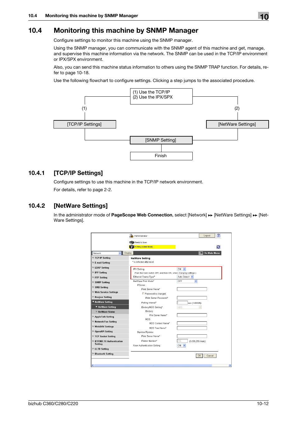 4 monitoring this machine by snmp manager, 1 [tcp/ip settings, 2 [netware settings | Monitoring this machine by snmp manager -12, Tcp/ip settings] -12, Netware settings] -12 | Konica Minolta BIZHUB C360 User Manual | Page 204 / 366