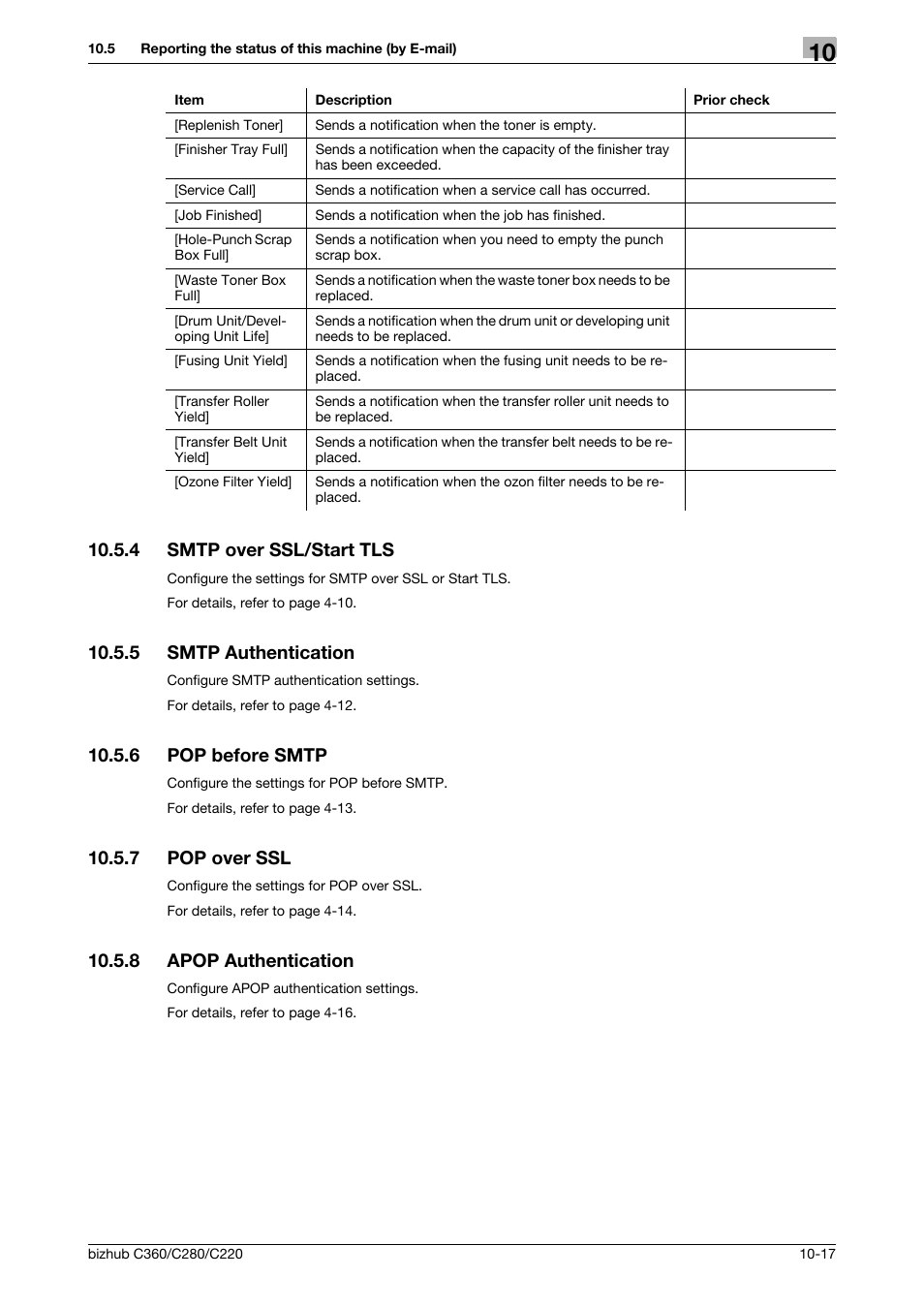 4 smtp over ssl/start tls, 5 smtp authentication, 6 pop before smtp | 7 pop over ssl, 8 apop authentication, Smtp over ssl/start tls -17, Smtp authentication -17, Pop before smtp -17, Pop over ssl -17, Apop authentication -17 | Konica Minolta BIZHUB C360 User Manual | Page 209 / 366