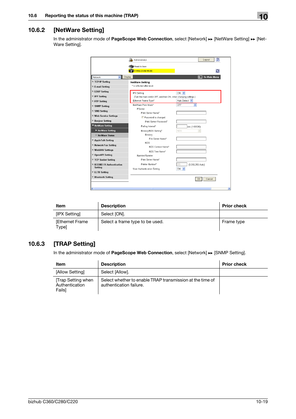 2 [netware setting, 3 [trap setting, Netware setting] -19 | Trap setting] -19, Netware setting, Trap setting | Konica Minolta BIZHUB C360 User Manual | Page 211 / 366