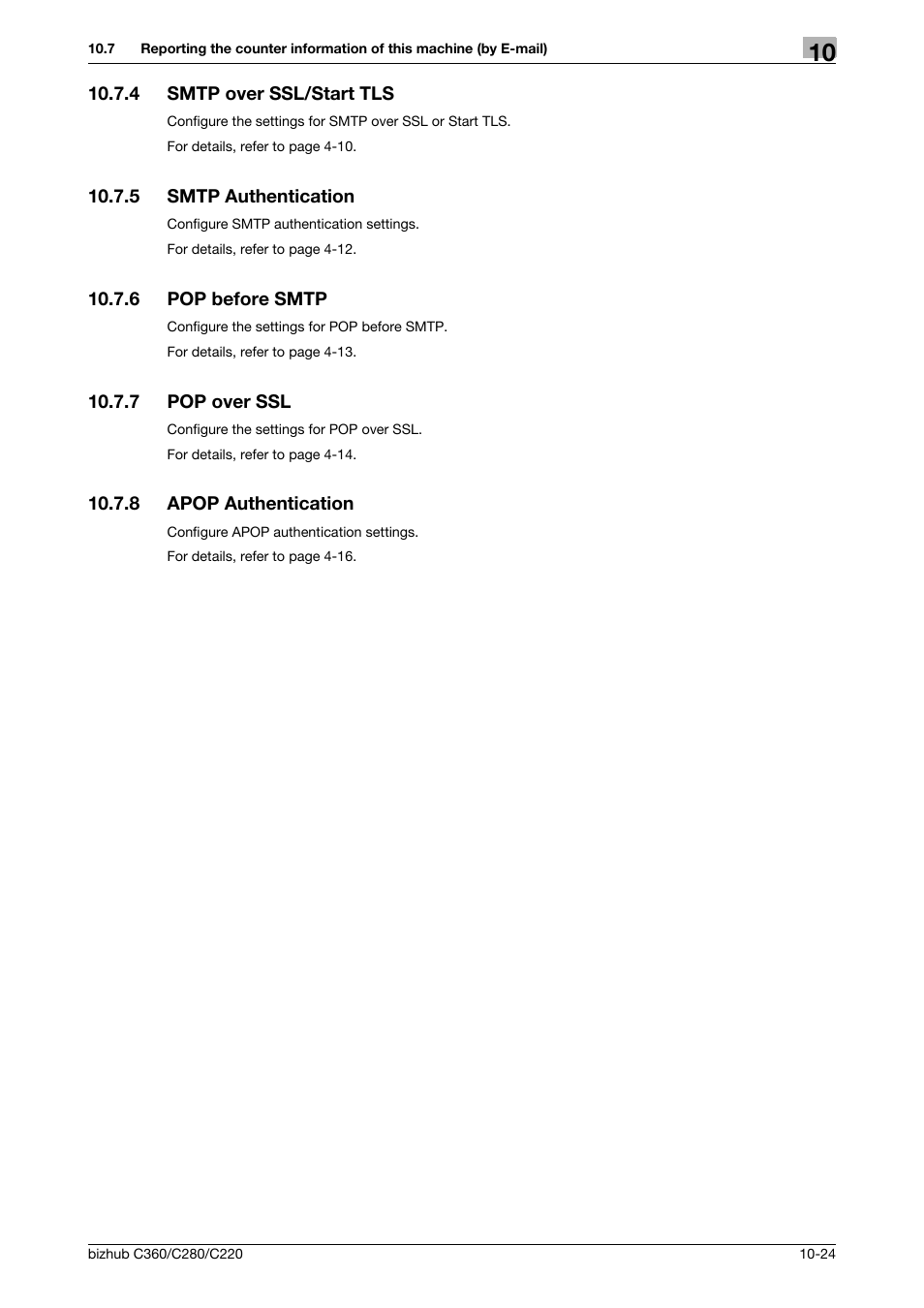 4 smtp over ssl/start tls, 5 smtp authentication, 6 pop before smtp | 7 pop over ssl, 8 apop authentication, Smtp over ssl/start tls -24, Smtp authentication -24, Pop before smtp -24, Pop over ssl -24, Apop authentication -24 | Konica Minolta BIZHUB C360 User Manual | Page 216 / 366
