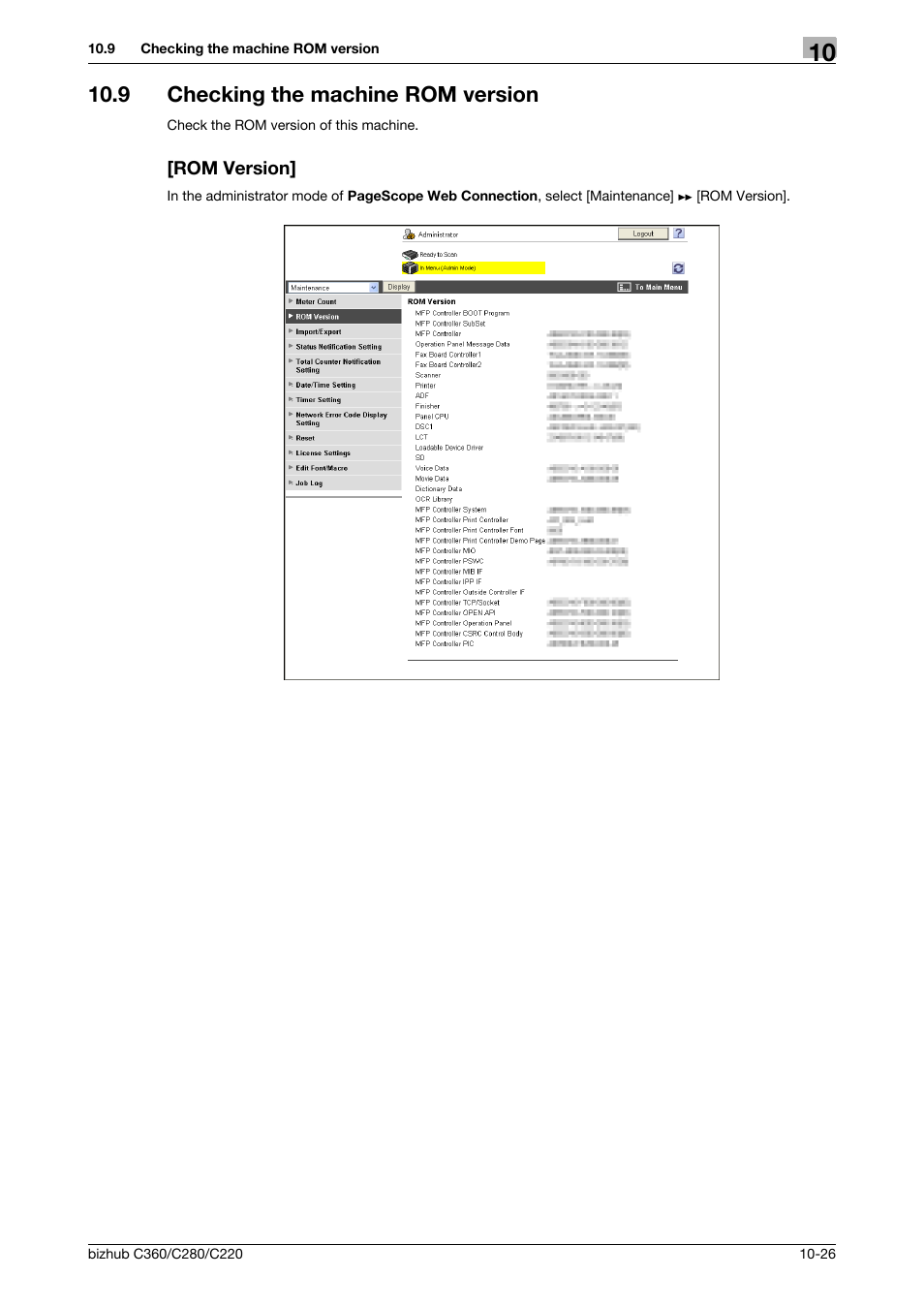 9 checking the machine rom version, Rom version | Konica Minolta BIZHUB C360 User Manual | Page 218 / 366