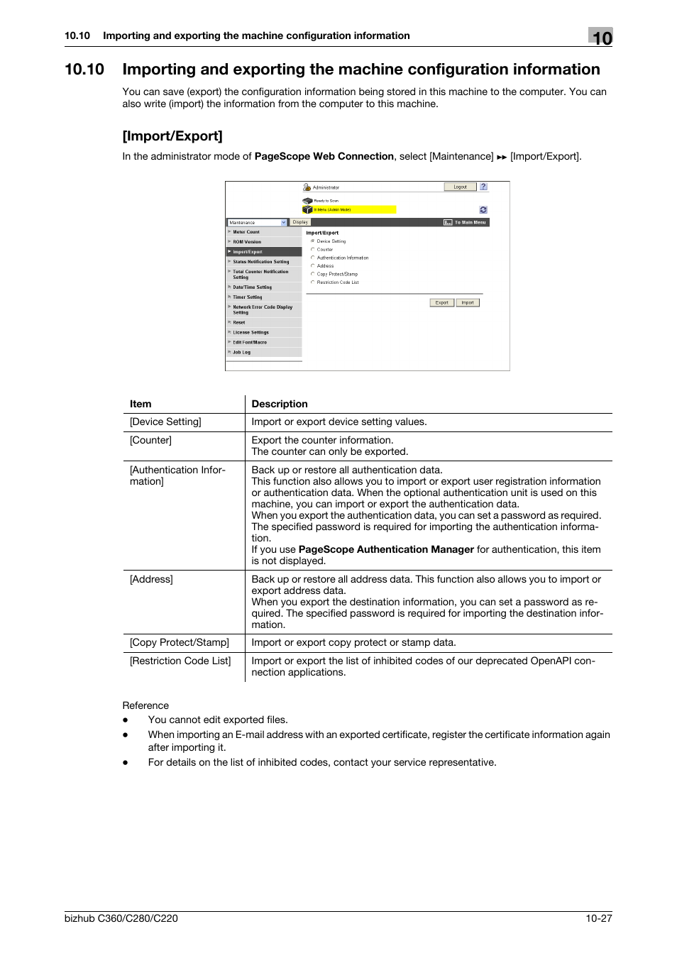 Import/export | Konica Minolta BIZHUB C360 User Manual | Page 219 / 366