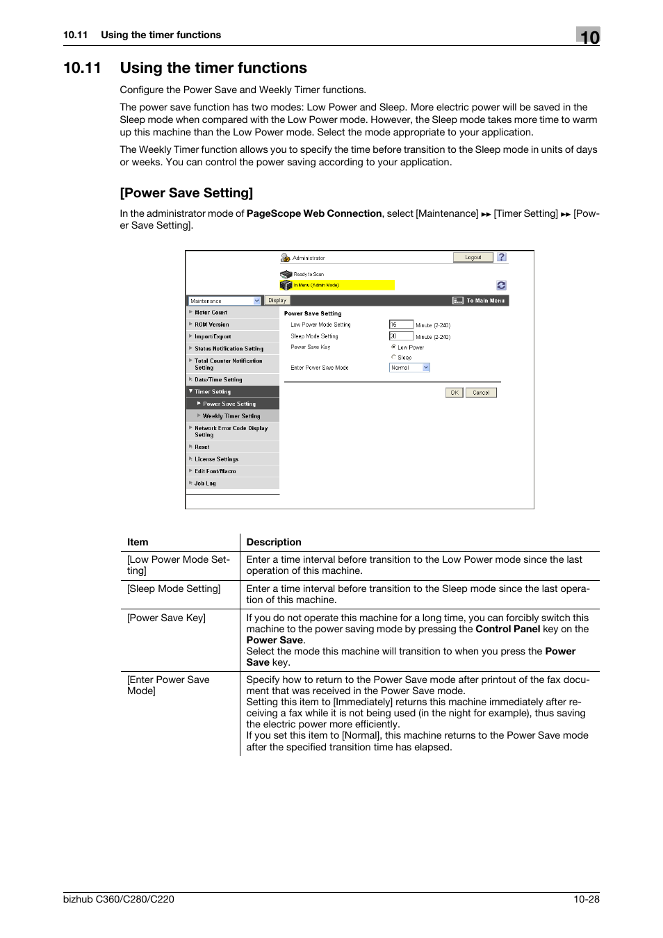 11 using the timer functions, Power save setting | Konica Minolta BIZHUB C360 User Manual | Page 220 / 366