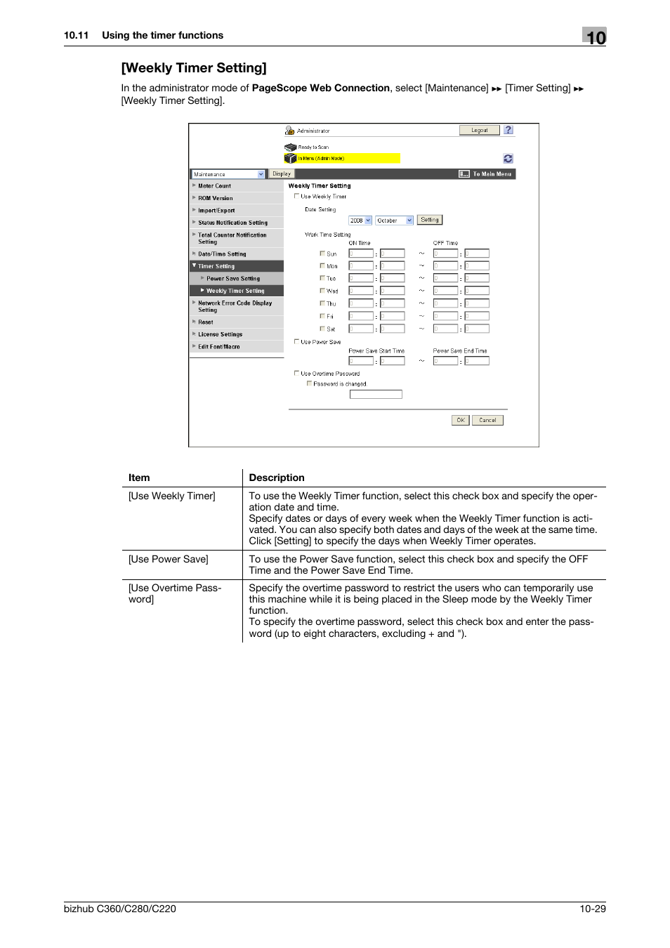 Weekly timer setting, Weekly timer setting] -29 | Konica Minolta BIZHUB C360 User Manual | Page 221 / 366