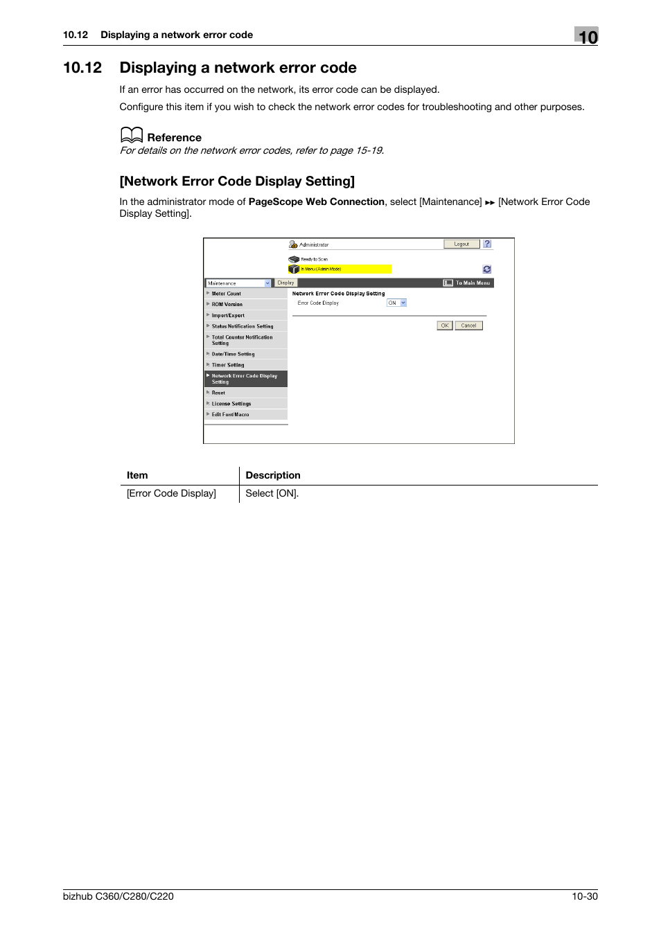 12 displaying a network error code, Network error code display setting | Konica Minolta BIZHUB C360 User Manual | Page 222 / 366