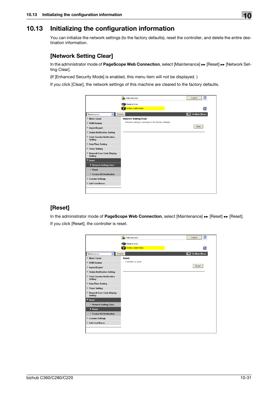 13 initializing the configuration information, Network setting clear, Reset | Konica Minolta BIZHUB C360 User Manual | Page 223 / 366