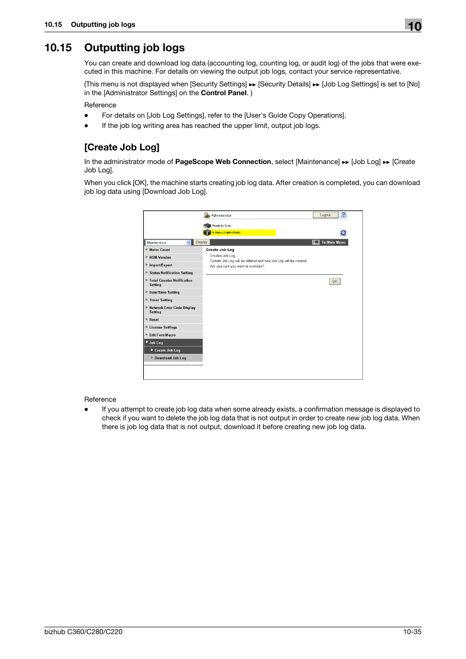 15 outputting job logs, Create job log, Outputting job logs -35 [create job log] -35 | Konica Minolta BIZHUB C360 User Manual | Page 227 / 366