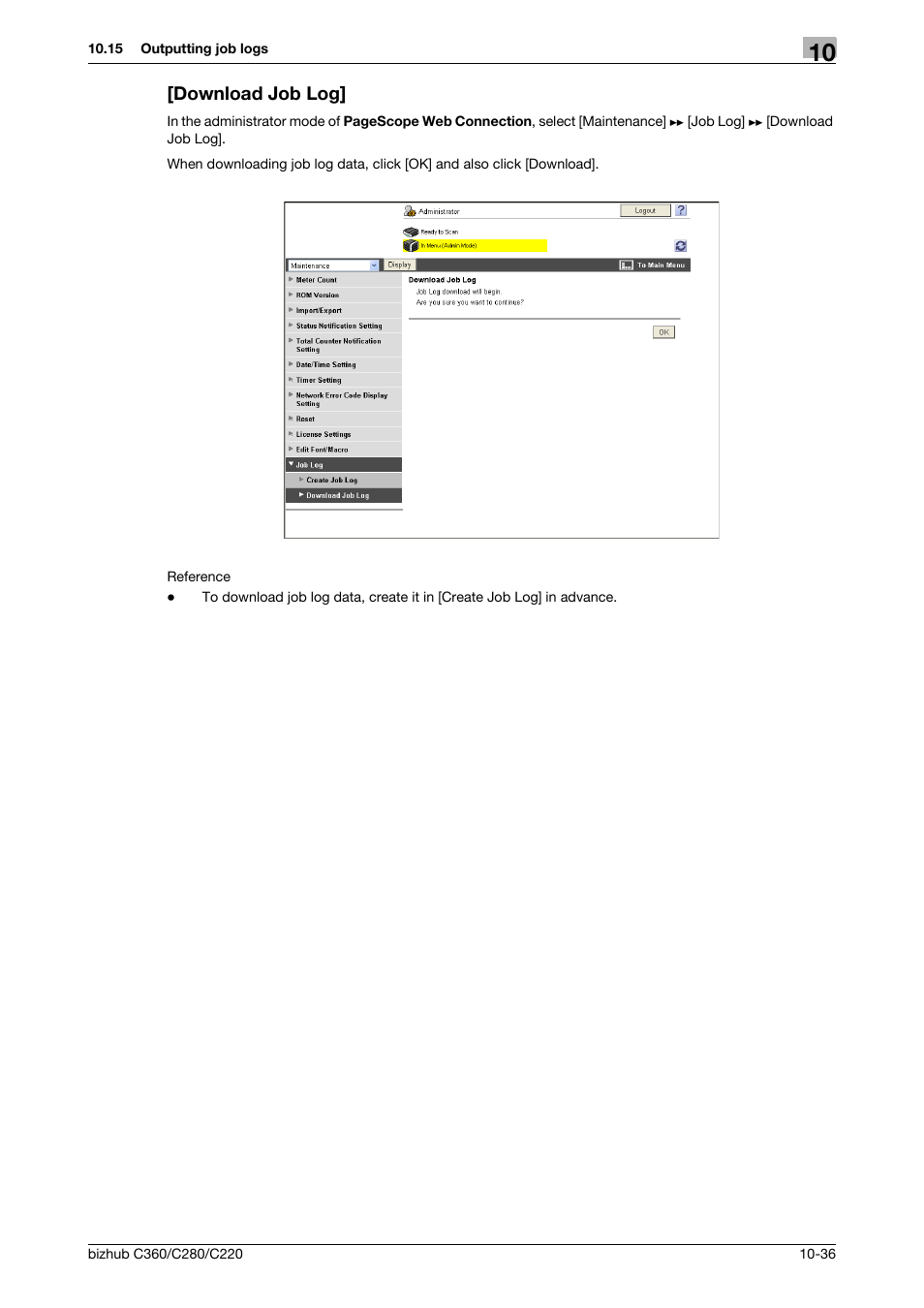 Download job log, Download job log] -36 | Konica Minolta BIZHUB C360 User Manual | Page 228 / 366