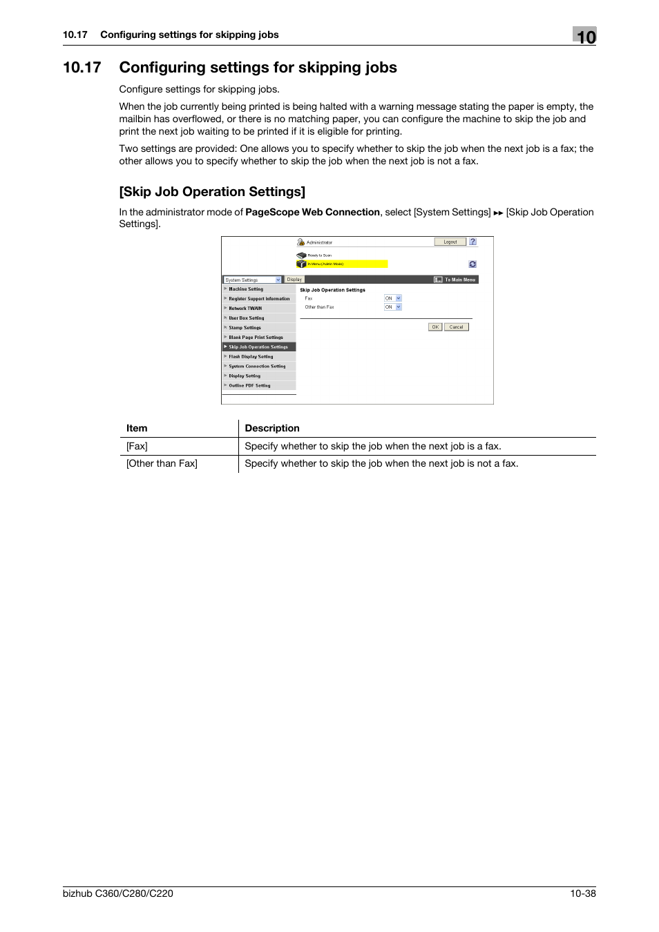 17 configuring settings for skipping jobs, Skip job operation settings | Konica Minolta BIZHUB C360 User Manual | Page 230 / 366