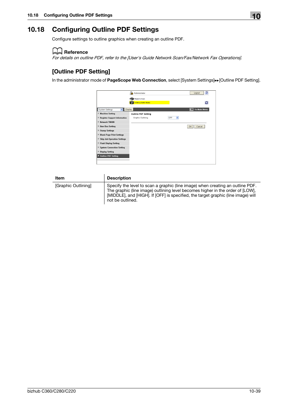 18 configuring outline pdf settings, Outline pdf setting | Konica Minolta BIZHUB C360 User Manual | Page 231 / 366