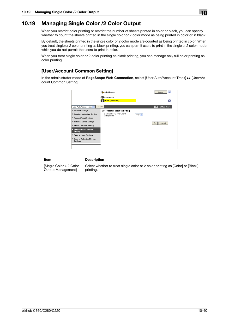 19 managing single color /2 color output, User/account common setting | Konica Minolta BIZHUB C360 User Manual | Page 232 / 366