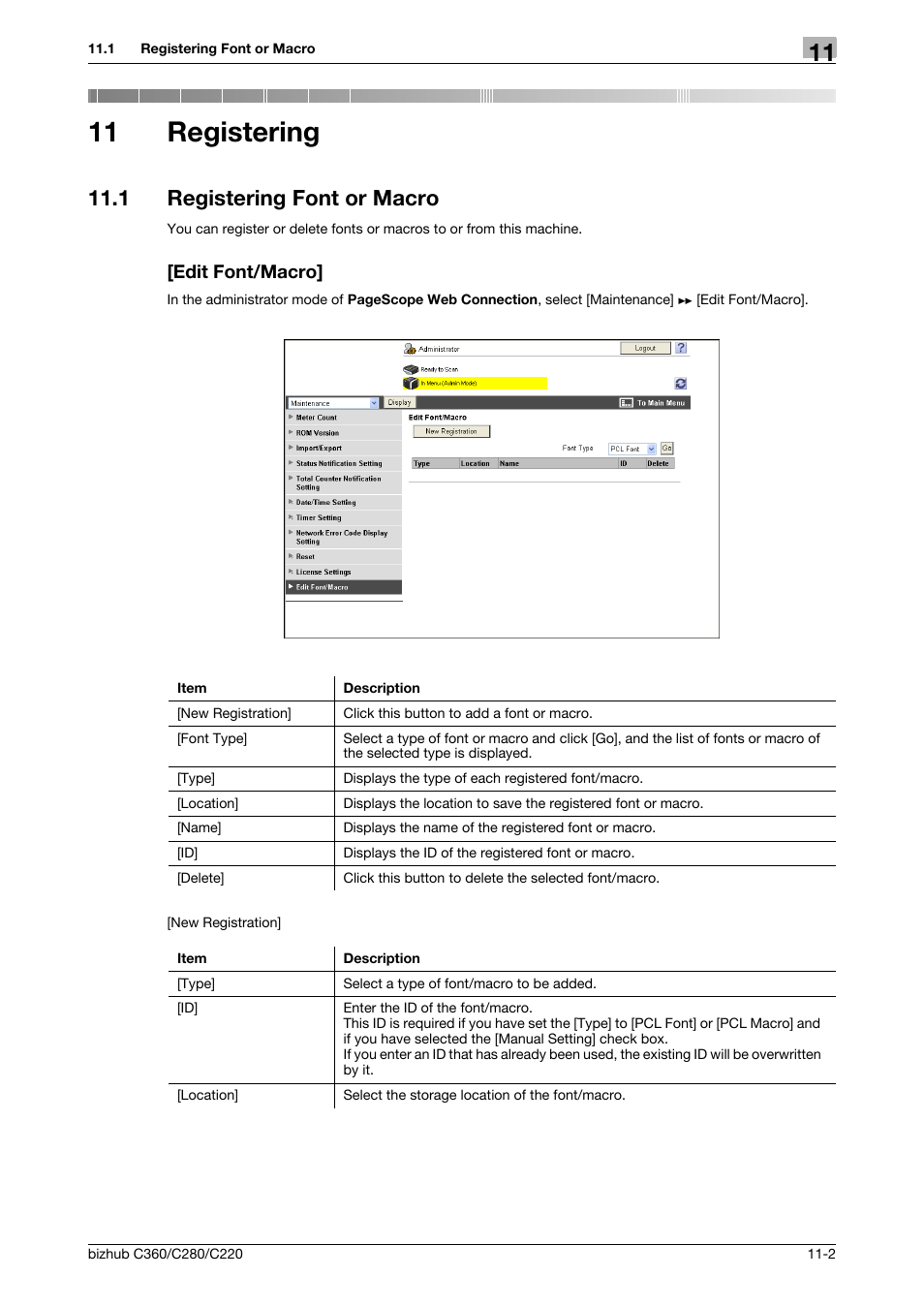 11 registering, 1 registering font or macro, Edit font/macro | Registering, Registering font or macro -2 [edit font/macro] -2 | Konica Minolta BIZHUB C360 User Manual | Page 234 / 366