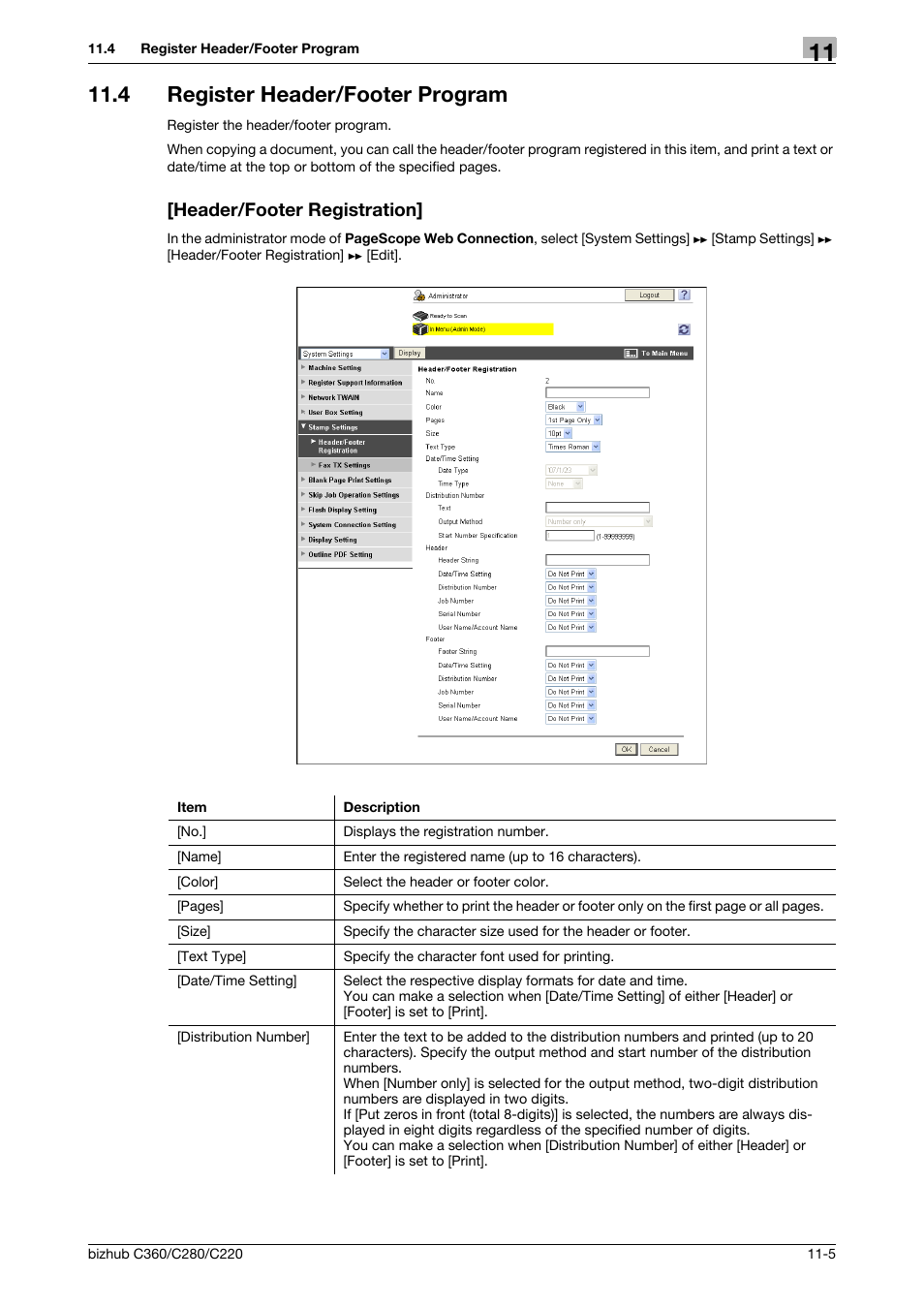 4 register header/footer program, Header/footer registration | Konica Minolta BIZHUB C360 User Manual | Page 237 / 366