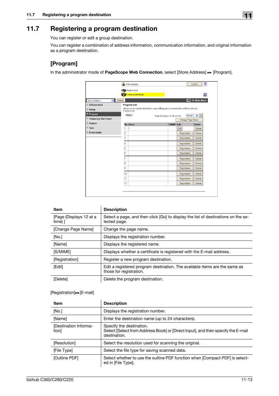 7 registering a program destination, Program | Konica Minolta BIZHUB C360 User Manual | Page 245 / 366