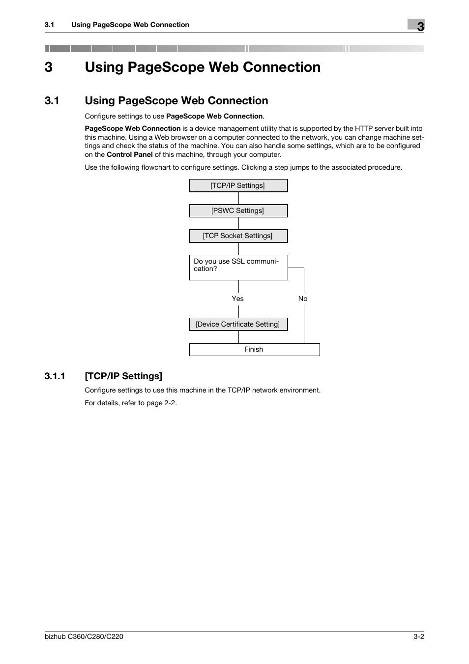 1 [tcp/ip settings, Tcp/ip settings] -2, 3using pagescope web connection | 1 using pagescope web connection | Konica Minolta BIZHUB C360 User Manual | Page 26 / 366