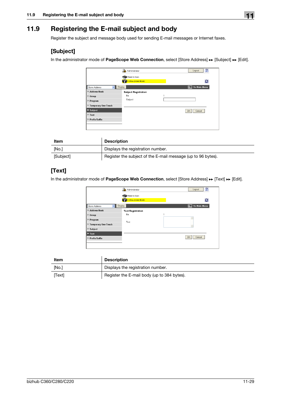 9 registering the e-mail subject and body, Subject, Text | Konica Minolta BIZHUB C360 User Manual | Page 261 / 366