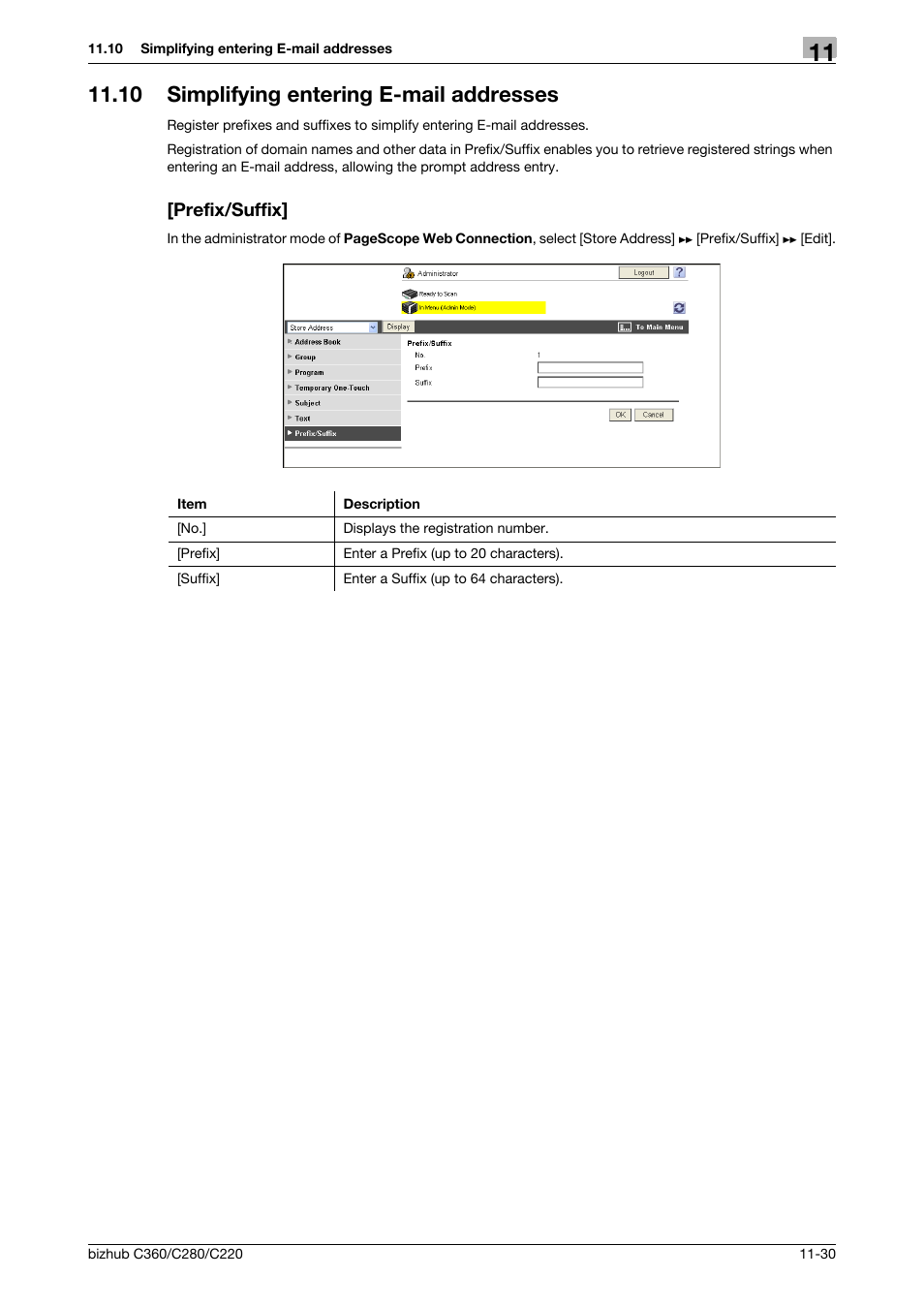 10 simplifying entering e-mail addresses, Prefix/suffix | Konica Minolta BIZHUB C360 User Manual | Page 262 / 366