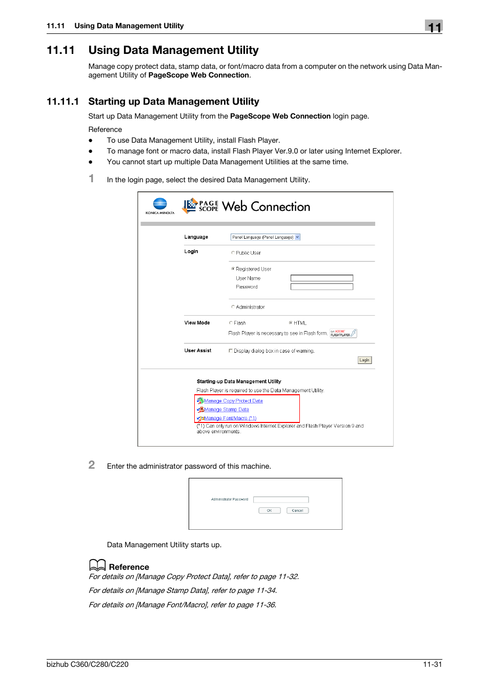 11 using data management utility, 1 starting up data management utility, Using data management utility -31 | Starting up data management utility -31 | Konica Minolta BIZHUB C360 User Manual | Page 263 / 366