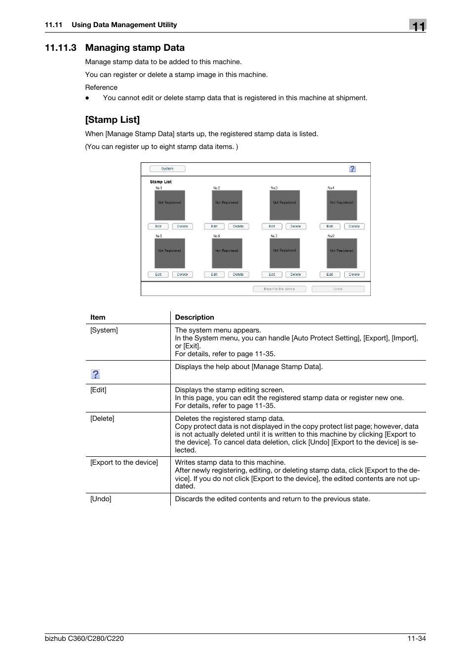 3 managing stamp data, Stamp list, Managing stamp data -34 [stamp list] -34 | Konica Minolta BIZHUB C360 User Manual | Page 266 / 366