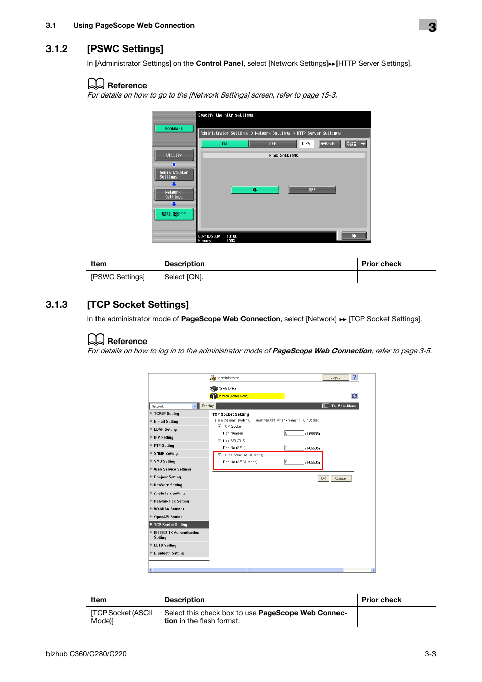 2 [pswc settings, 3 [tcp socket settings, Pswc settings] -3 | Tcp socket settings] -3, Pswc settings, Tcp socket settings | Konica Minolta BIZHUB C360 User Manual | Page 27 / 366