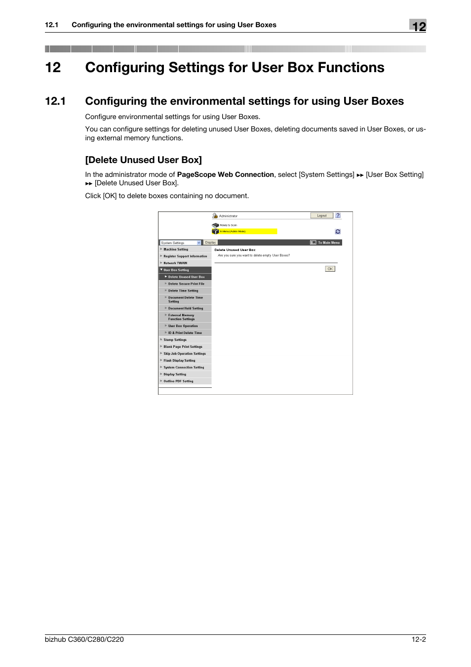 12 configuring settings for user box functions, Delete unused user box, Configuring settings for user box functions | Konica Minolta BIZHUB C360 User Manual | Page 271 / 366