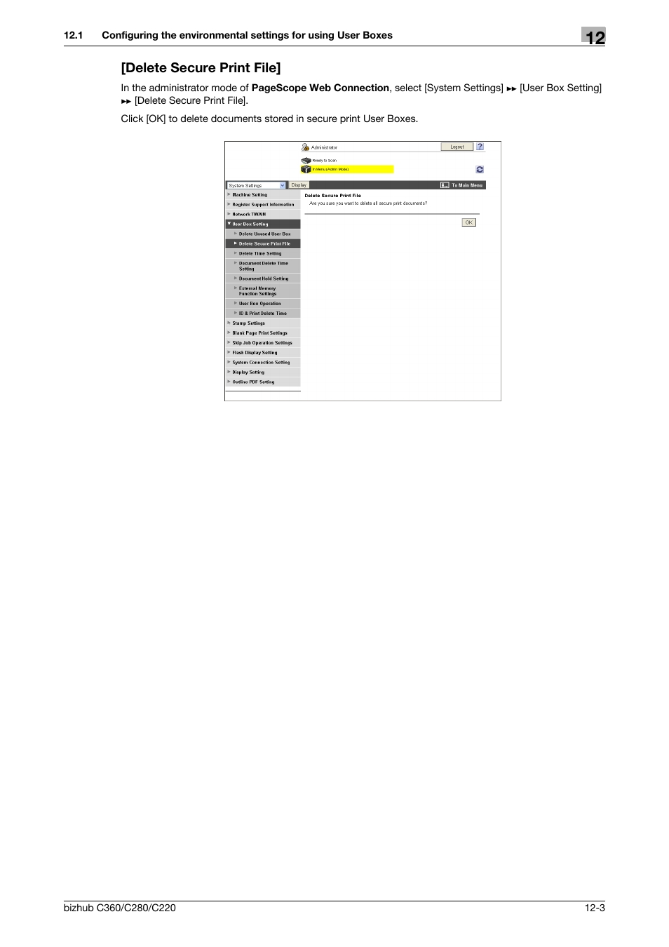 Delete secure print file, Delete secure print file] -3 | Konica Minolta BIZHUB C360 User Manual | Page 272 / 366