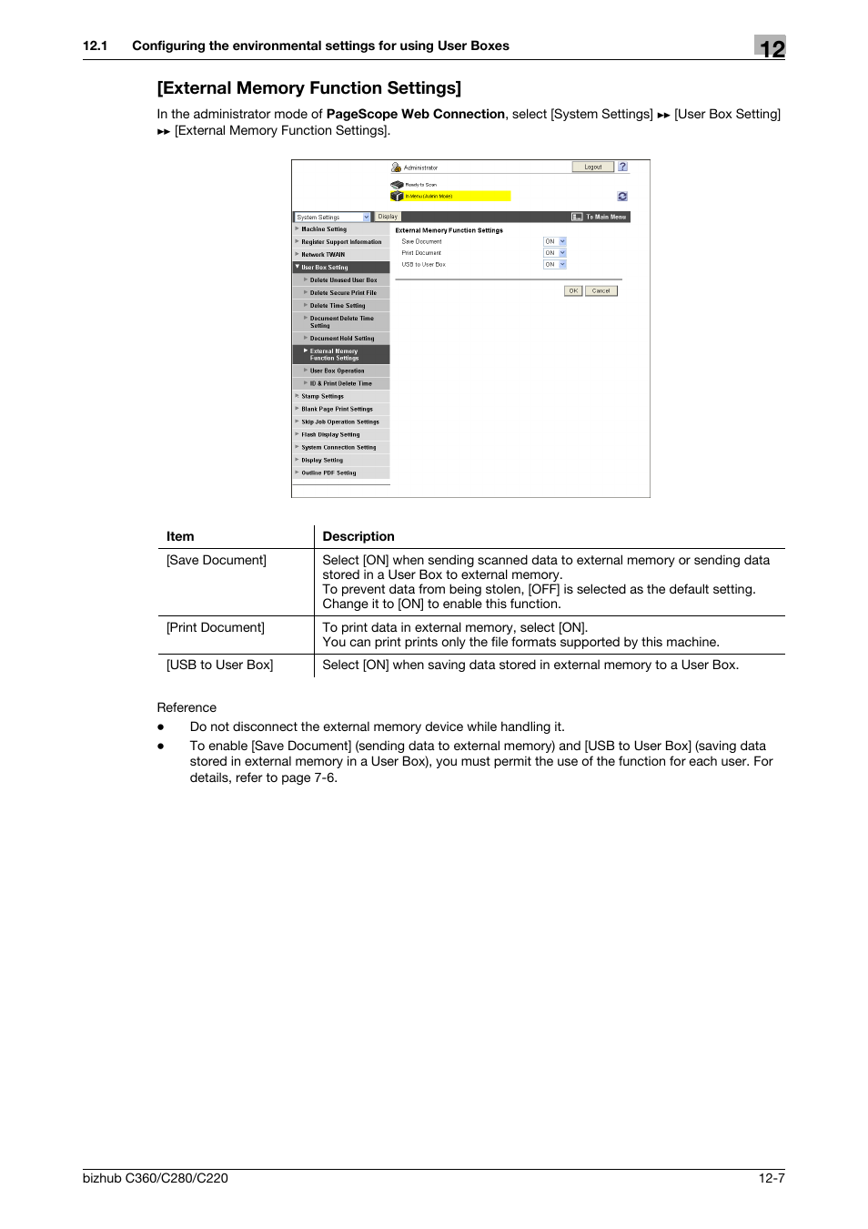 External memory function settings, External memory function settings] -7 | Konica Minolta BIZHUB C360 User Manual | Page 276 / 366