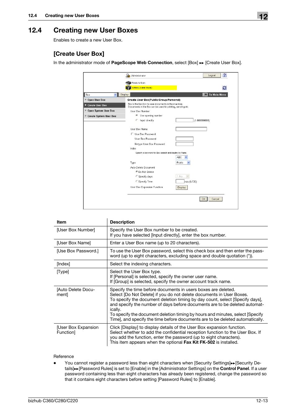 4 creating new user boxes, Create user box, Creating new user boxes -13 [create user box] -13 | Konica Minolta BIZHUB C360 User Manual | Page 282 / 366