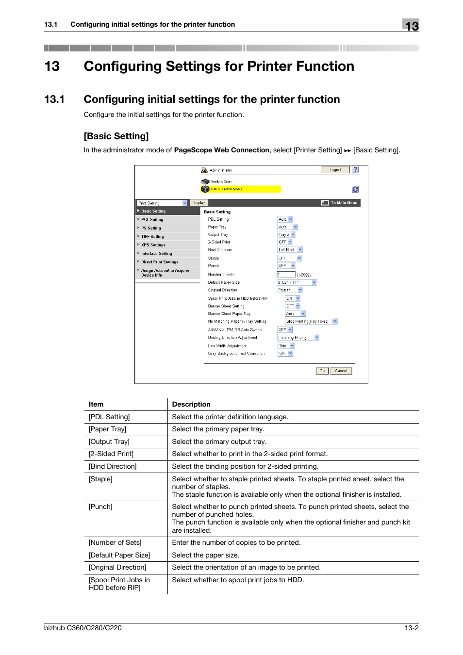 13 configuring settings for printer function, Basic setting, Configuring settings for printer function | Konica Minolta BIZHUB C360 User Manual | Page 288 / 366