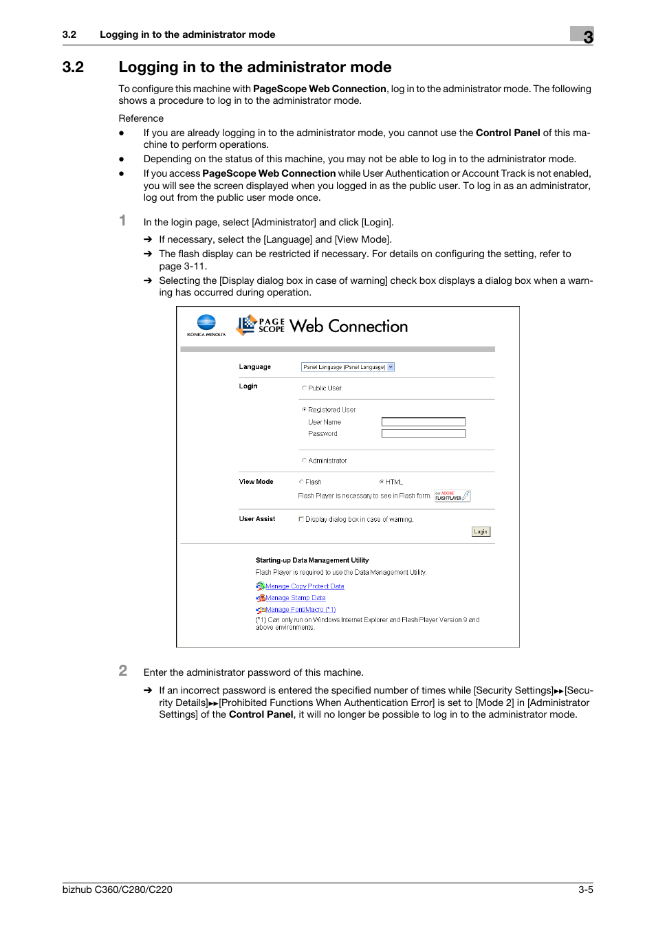 2 logging in to the administrator mode, Logging in to the administrator mode -5 | Konica Minolta BIZHUB C360 User Manual | Page 29 / 366