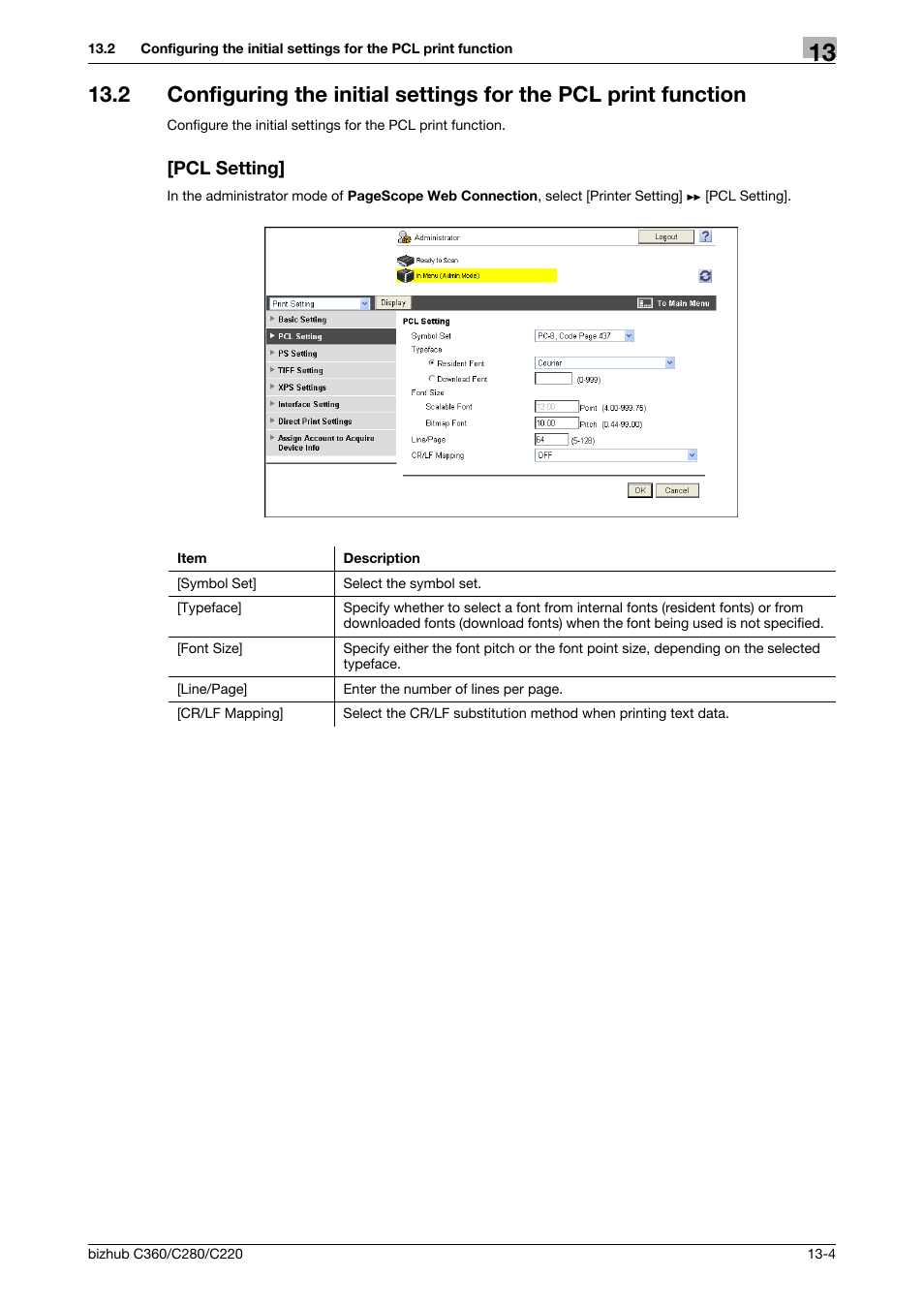 Pcl setting | Konica Minolta BIZHUB C360 User Manual | Page 290 / 366