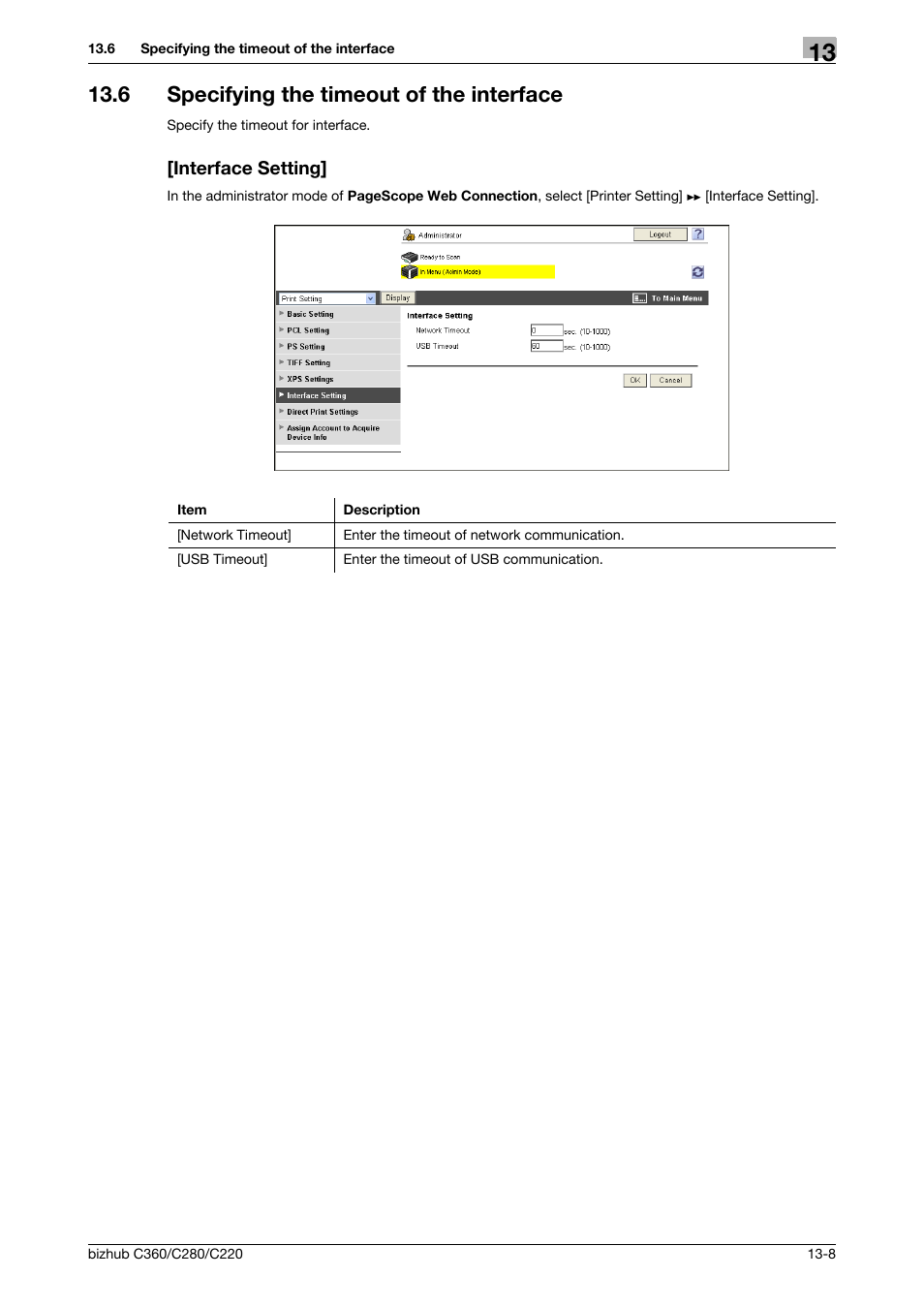 6 specifying the timeout of the interface, Interface setting | Konica Minolta BIZHUB C360 User Manual | Page 294 / 366