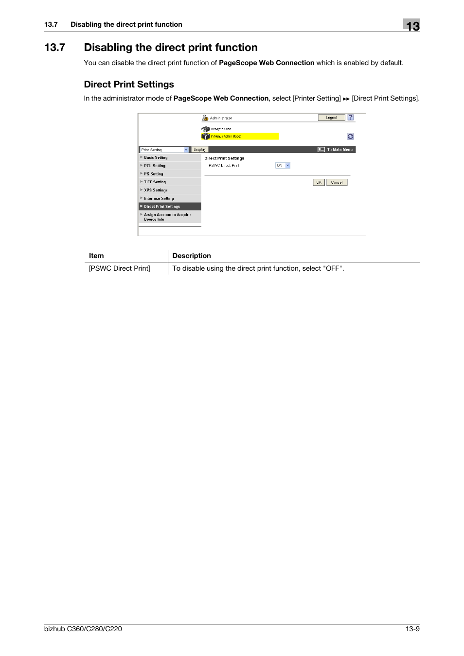 7 disabling the direct print function, Direct print settings | Konica Minolta BIZHUB C360 User Manual | Page 295 / 366