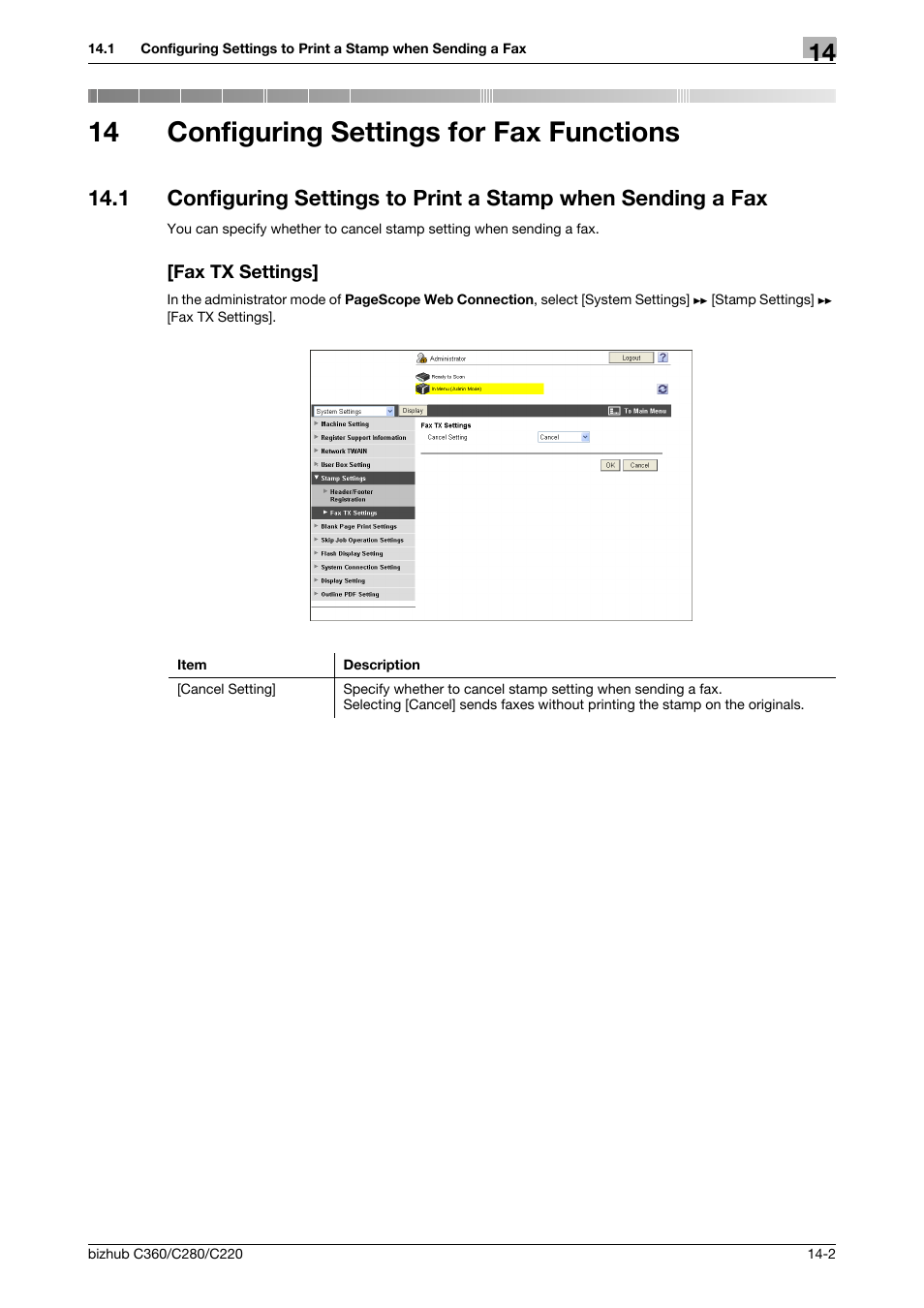 14 configuring settings for fax functions, Fax tx settings, Configuring settings for fax functions | Konica Minolta BIZHUB C360 User Manual | Page 298 / 366