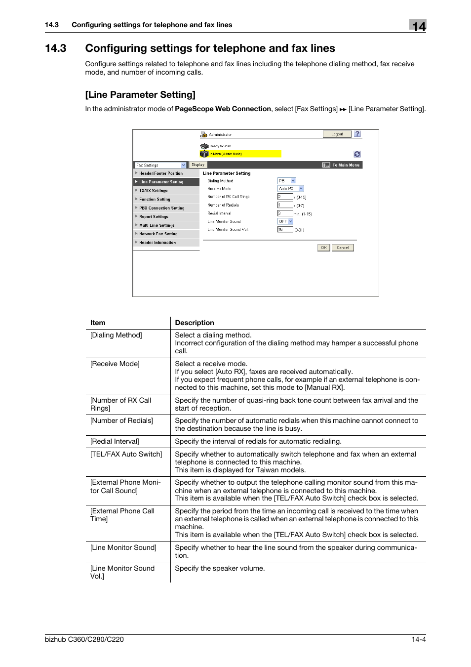 3 configuring settings for telephone and fax lines, Line parameter setting | Konica Minolta BIZHUB C360 User Manual | Page 300 / 366