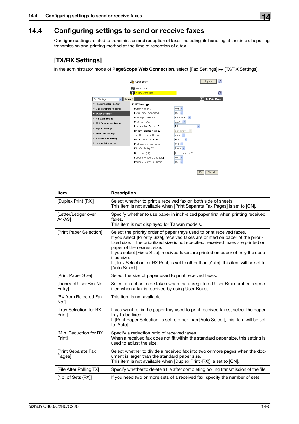 4 configuring settings to send or receive faxes, Tx/rx settings | Konica Minolta BIZHUB C360 User Manual | Page 301 / 366