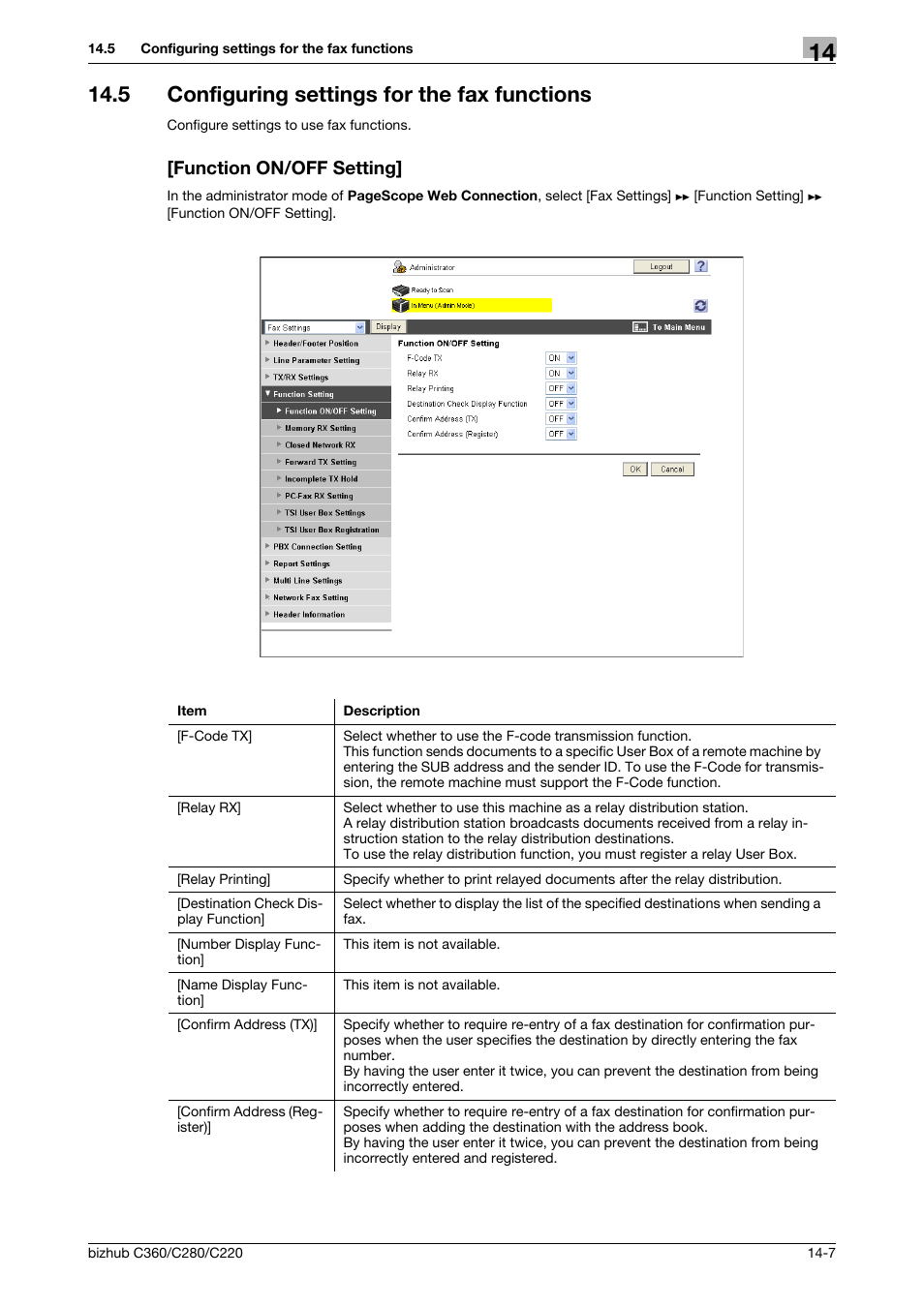 5 configuring settings for the fax functions, Function on/off setting | Konica Minolta BIZHUB C360 User Manual | Page 303 / 366