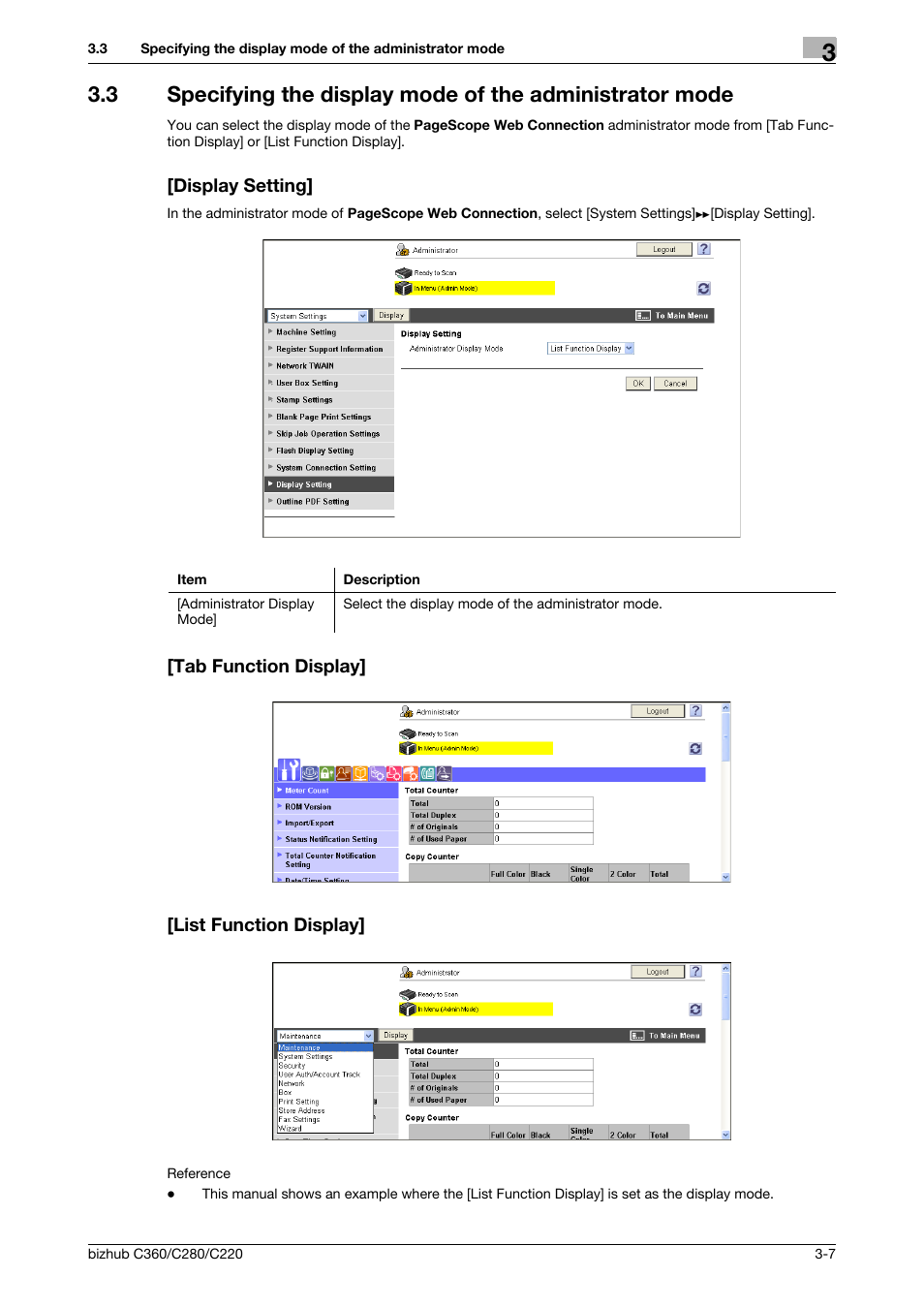 Display setting, Tab function display, List function display | Konica Minolta BIZHUB C360 User Manual | Page 31 / 366