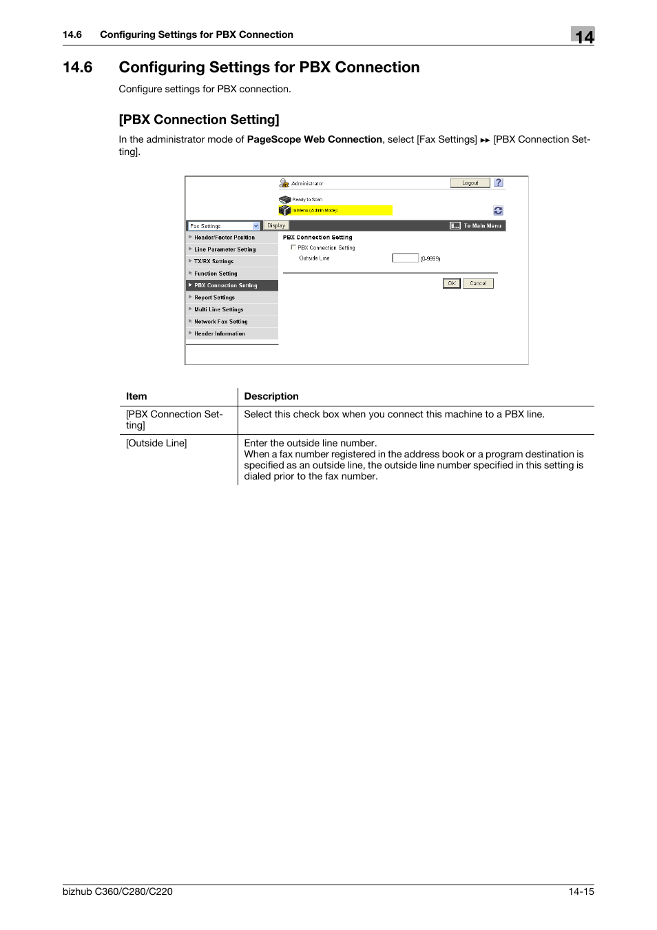 6 configuring settings for pbx connection, Pbx connection setting | Konica Minolta BIZHUB C360 User Manual | Page 311 / 366