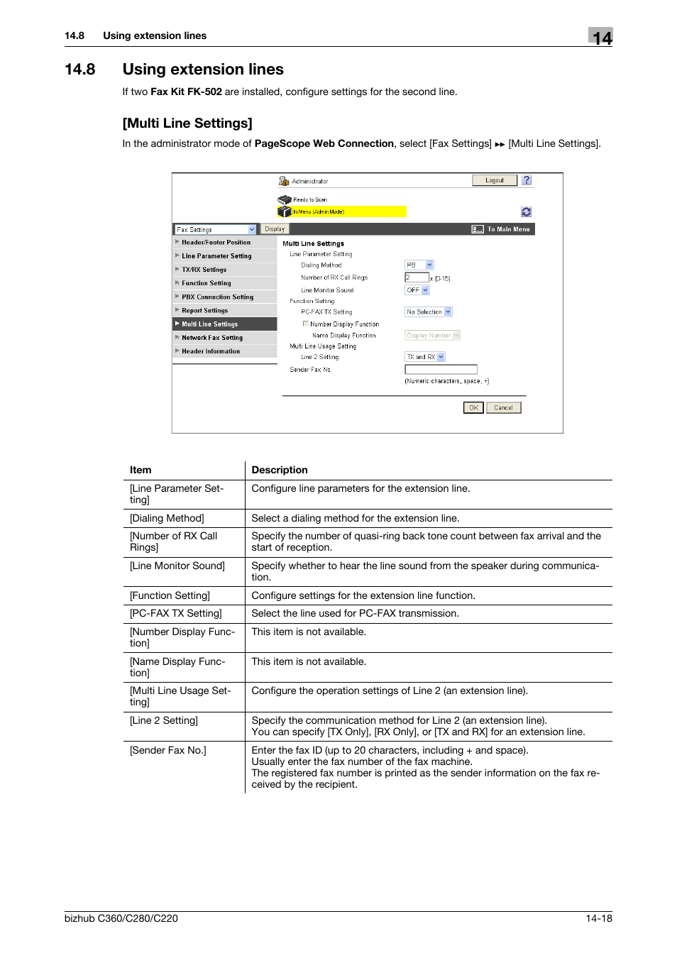 8 using extension lines, Multi line settings | Konica Minolta BIZHUB C360 User Manual | Page 314 / 366