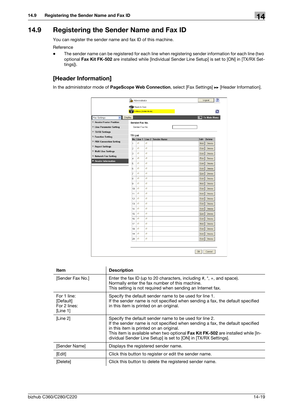 9 registering the sender name and fax id, Header information | Konica Minolta BIZHUB C360 User Manual | Page 315 / 366