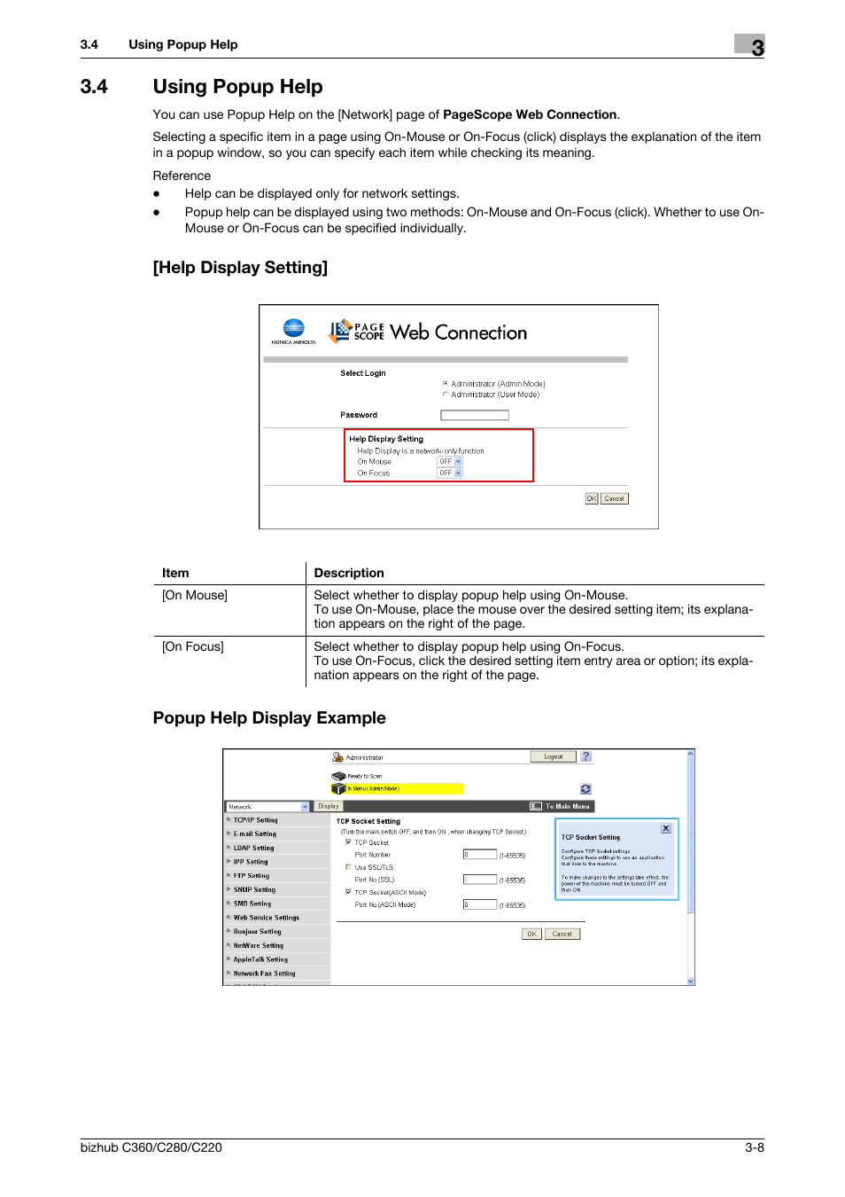 4 using popup help, Help display setting, Popup help display example | Konica Minolta BIZHUB C360 User Manual | Page 32 / 366