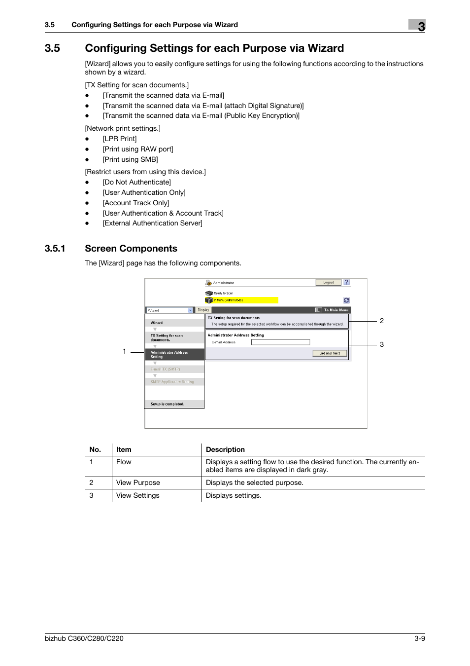 5 configuring settings for each purpose via wizard, 1 screen components, Screen components -9 | Konica Minolta BIZHUB C360 User Manual | Page 33 / 366