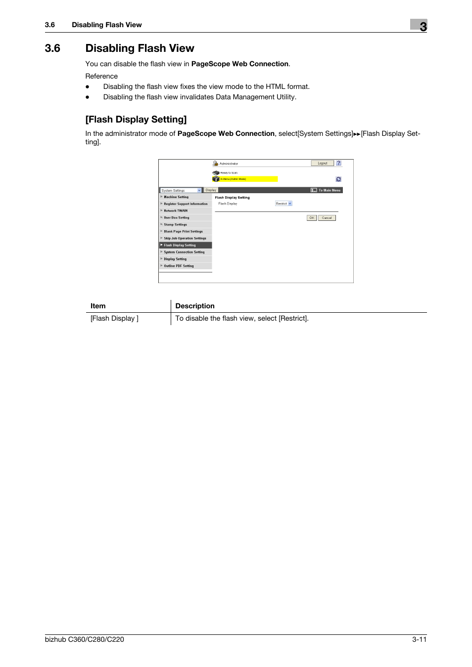 6 disabling flash view, Flash display setting | Konica Minolta BIZHUB C360 User Manual | Page 35 / 366