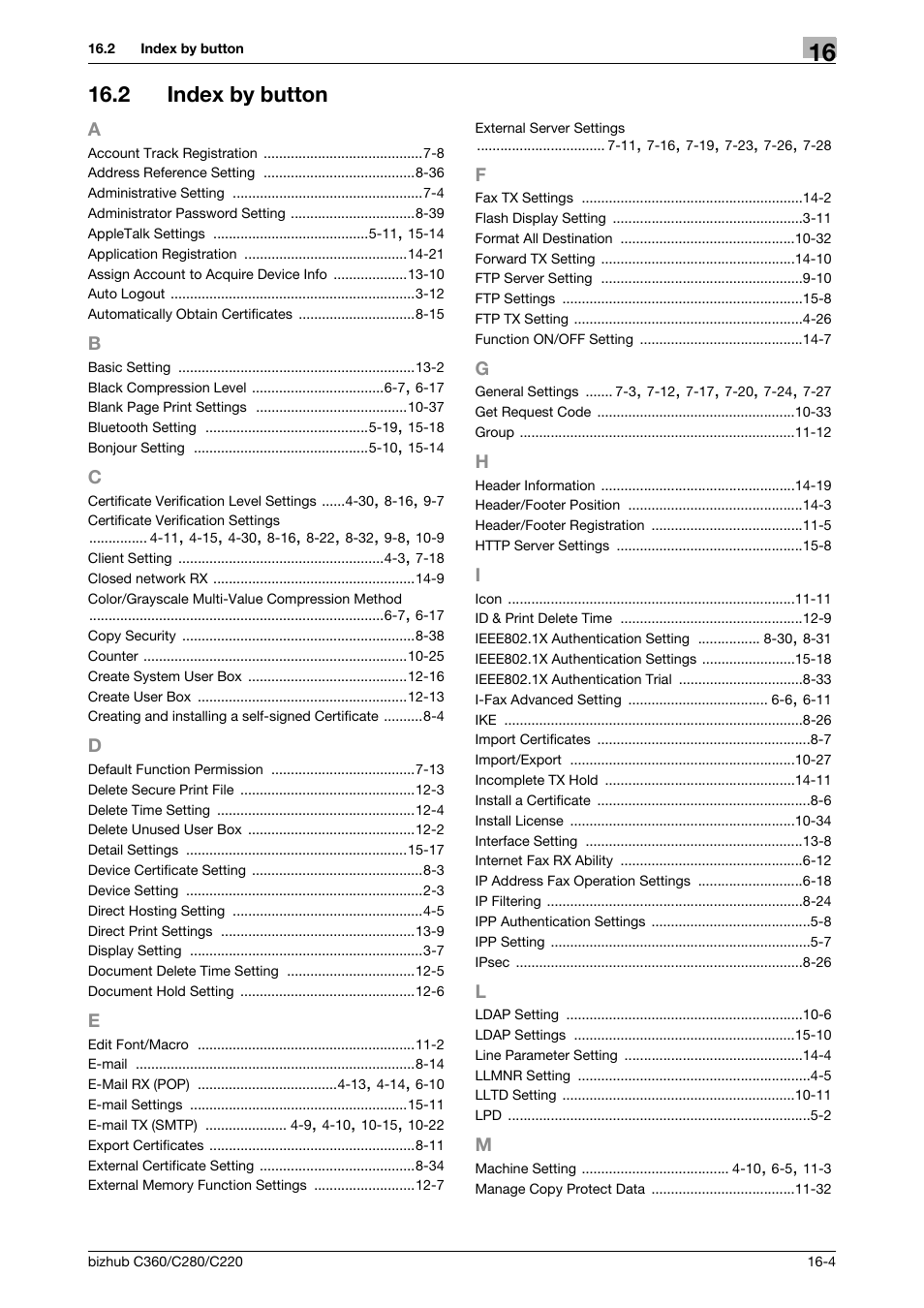 2 index by button, A to m, Index by button -4 | Konica Minolta BIZHUB C360 User Manual | Page 364 / 366