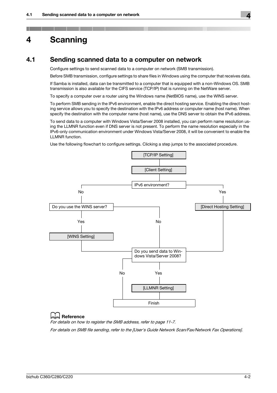 4 scanning, 1 sending scanned data to a computer on network, Scanning | Sending scanned data to a computer on network -2, Sending scanned data to a computer on network, P. 4-2), 4scanning | Konica Minolta BIZHUB C360 User Manual | Page 38 / 366