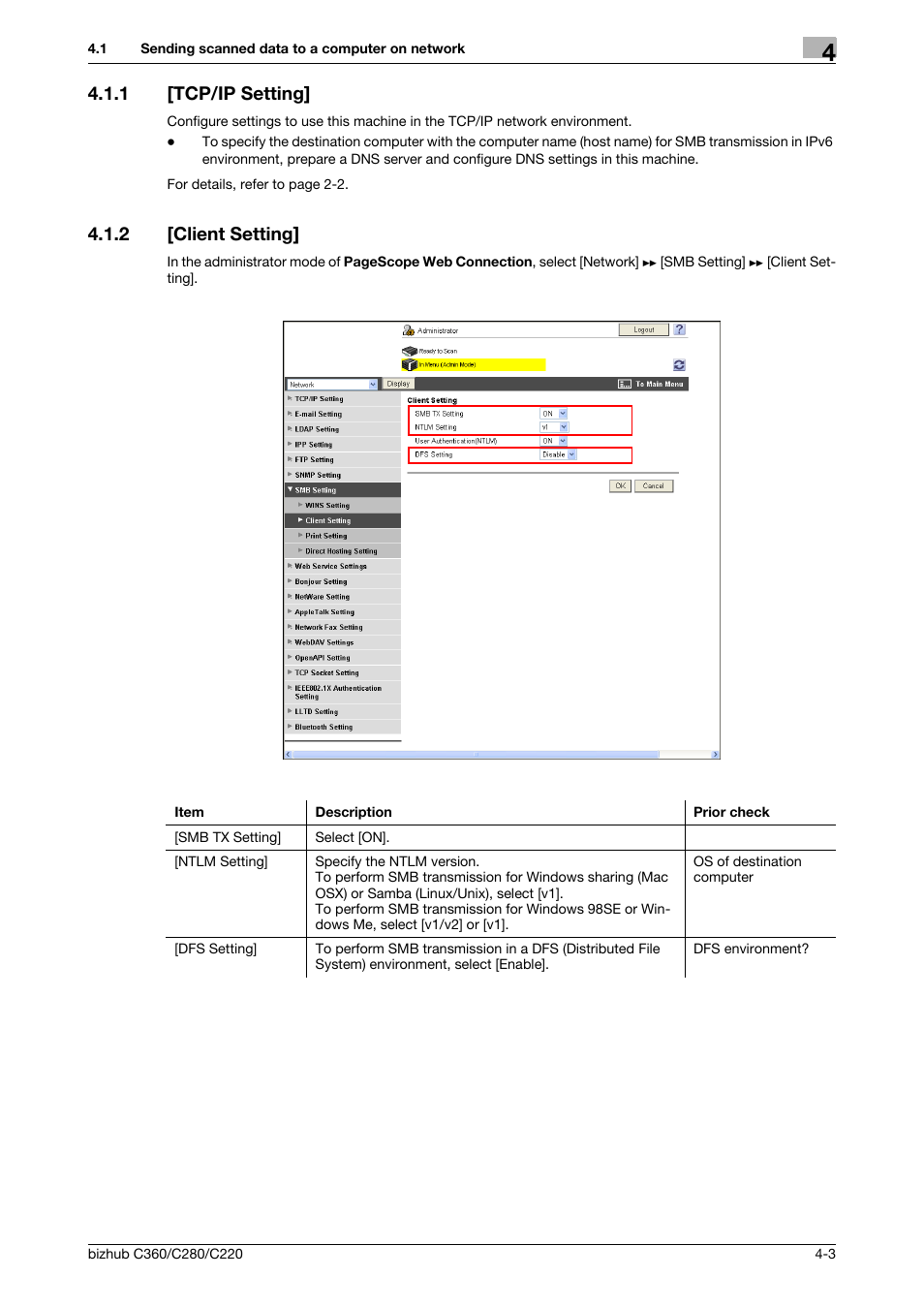 1 [tcp/ip setting, 2 [client setting, Tcp/ip setting] -3 | Client setting] -3, Tcp/ip setting, Client setting | Konica Minolta BIZHUB C360 User Manual | Page 39 / 366