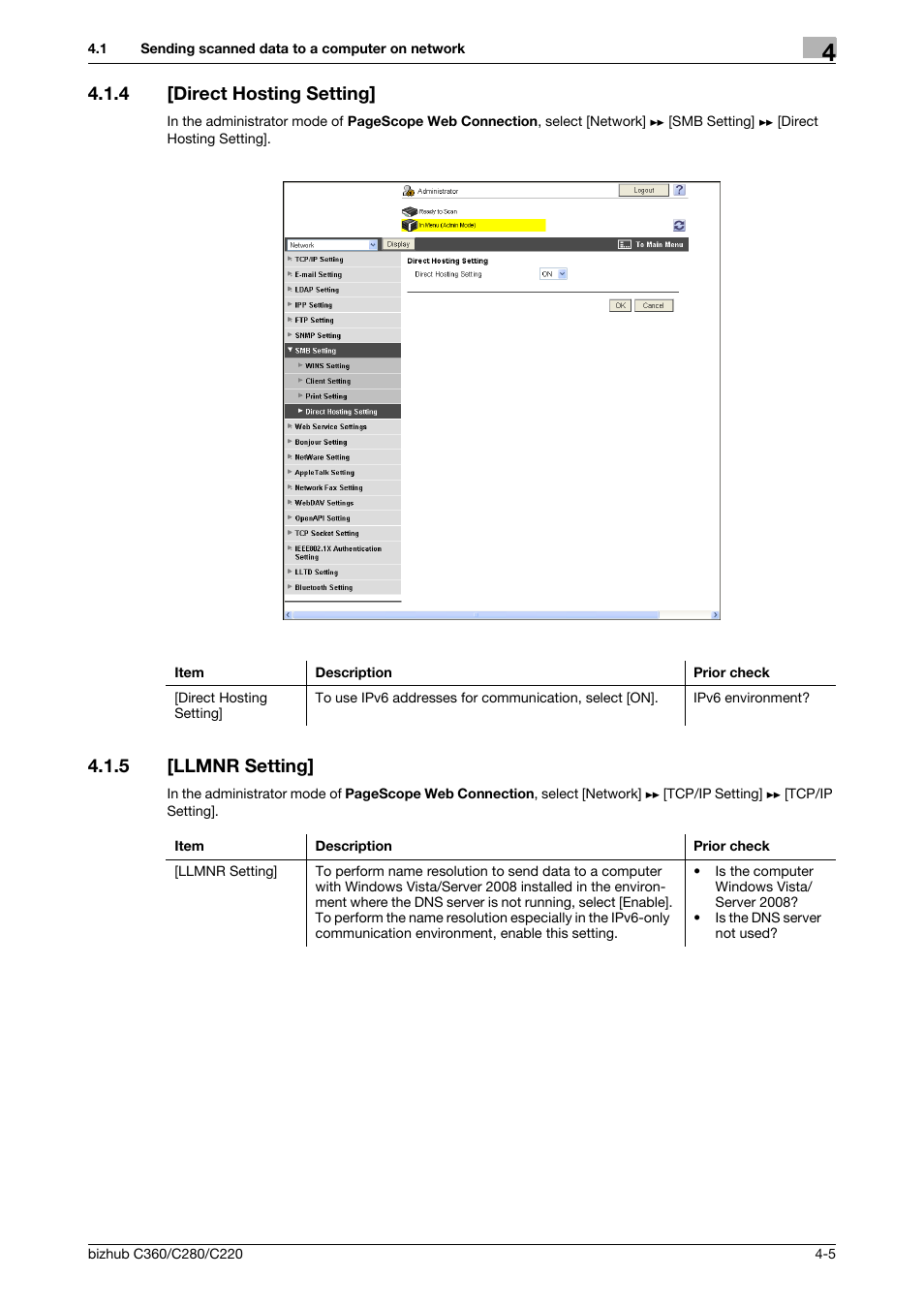 4 [direct hosting setting, 5 [llmnr setting, Direct hosting setting] -5 | Llmnr setting] -5, Direct hosting setting, Llmnr setting | Konica Minolta BIZHUB C360 User Manual | Page 41 / 366