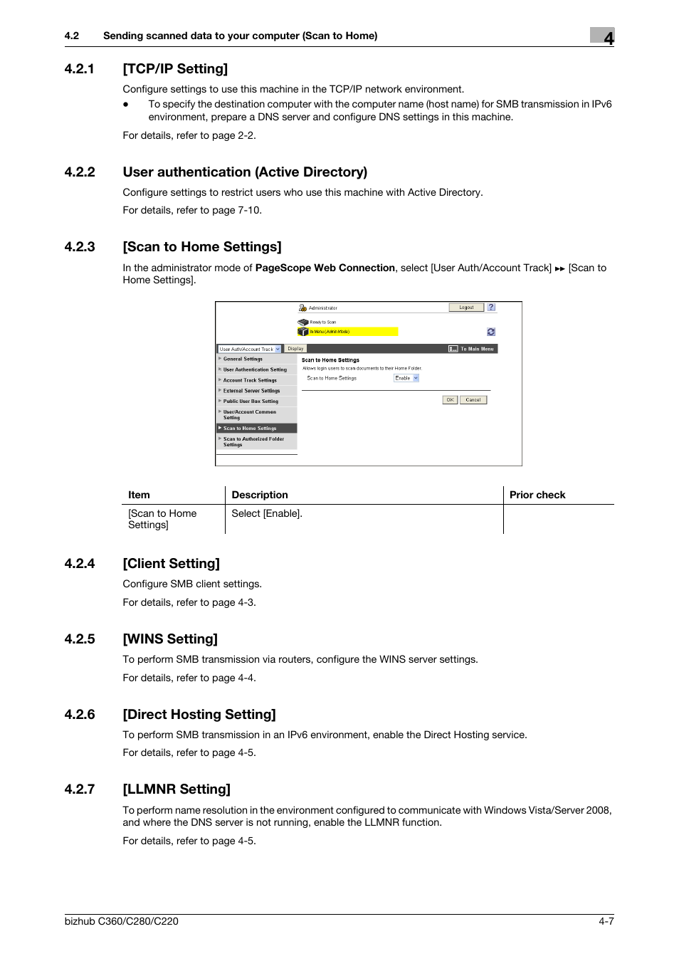 1 [tcp/ip setting, 2 user authentication (active directory), 3 [scan to home settings | 4 [client setting, 5 [wins setting, 6 [direct hosting setting, 7 [llmnr setting, Tcp/ip setting] -7, User authentication (active directory) -7, Scan to home settings] -7 | Konica Minolta BIZHUB C360 User Manual | Page 43 / 366